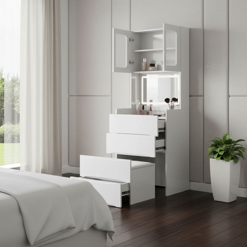 19" Wood Lighted Four Drawer Dresser - White