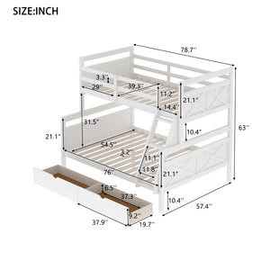 Twin over Full Bunk Bed with Ladder, Two Storage Drawers, Safety Guardrail, White