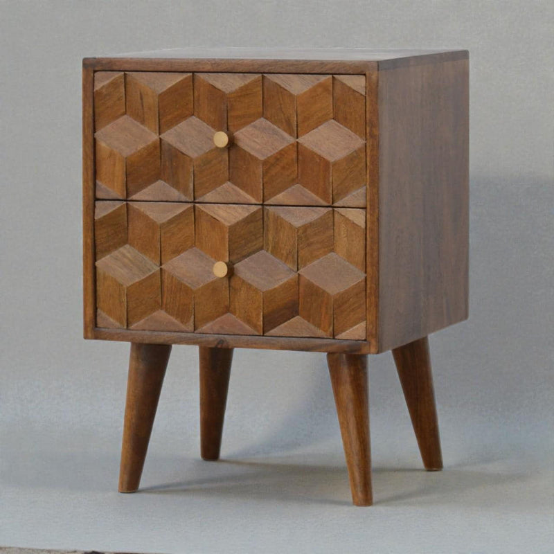 22" Wood Carved Geometric Two Drawer Nightstand - Chestnut