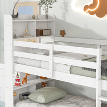 Load image into Gallery viewer, Twin Over Twin Bunk Beds with Bookcase Headboard, Solid Wood Bed Frame with Safety Rail and Ladder, Kids/Teens Bedroom, Guest Room Furniture, Can Be converted into 2 Beds, White
