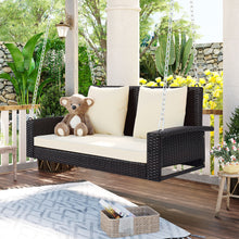 Load image into Gallery viewer, GO 2-Person Wicker Hanging Porch Swing with Chains, Cushion, Pillow, Rattan Swing Bench for Garden, Backyard, Pond. (Brown Wicker, Beige Cushion)
