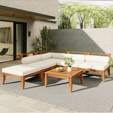 Load image into Gallery viewer, 6 Piece Patio Sofa Set, Acacia Wood Outdoor Modular Sectional Garden Furniture Set L Shaped Conversation Set, Convertible Daybed With Tea Table, Ottoman, 5 Cushions And Pillows - Teak / Beige
