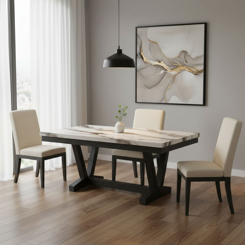 72" Faux Marble And Wood Trestle Base Dining Table - Black / White