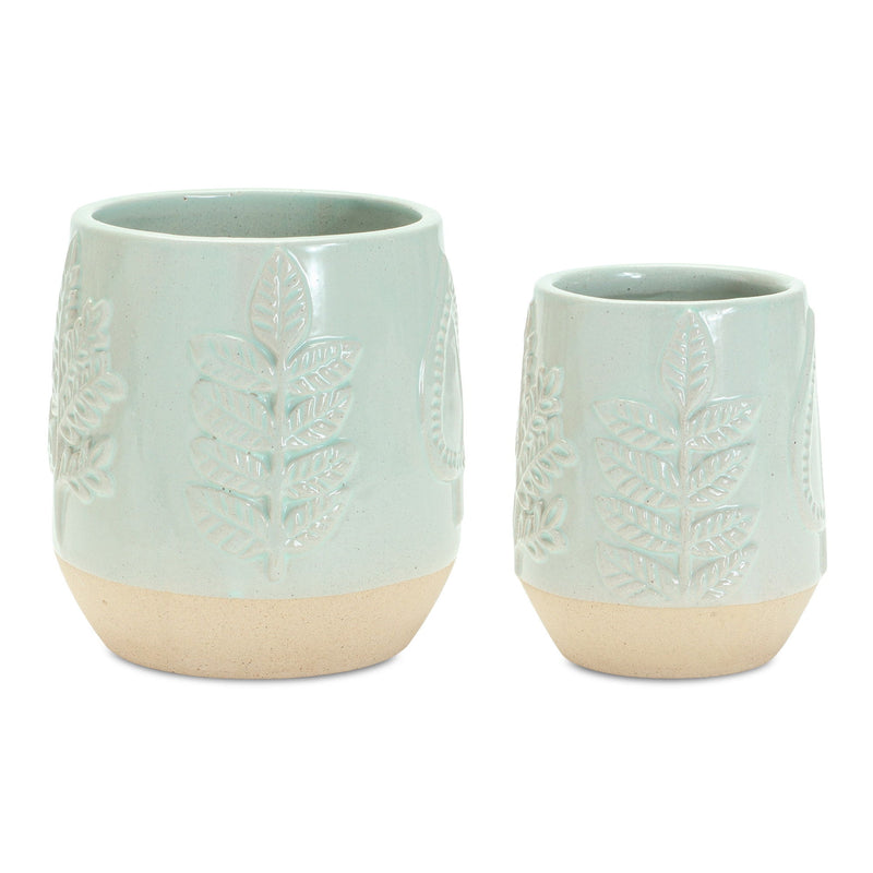 Porcelain Leaf Round Pot Planters (Set of 2) - Green / Tan