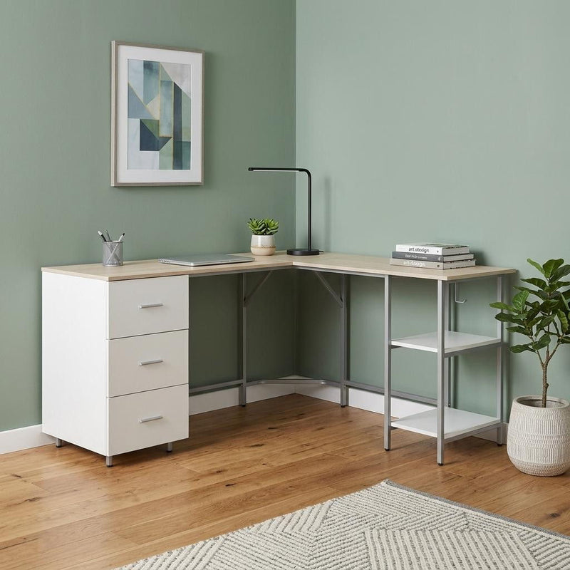 L Shape Pedestal Computer Desk With Three Drawers - Sand / Silver / White