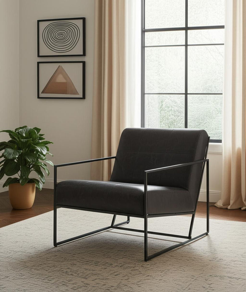 Genuine Leather Metal Lounge Chair - Black