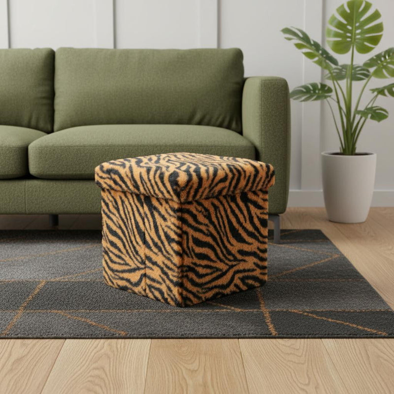 12" Plastic Animal Print Storage Ottoman - Beige / Brown