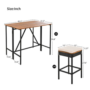 GO 5-Piece Outdoor Acacia Wood Bar Height Table And Four Stools With Cushions, Garden PE Rattan Wicker Dining Table, Foldable Tabletop, High-Dining Bistro Set, All-Weather Patio Furniture, Brown