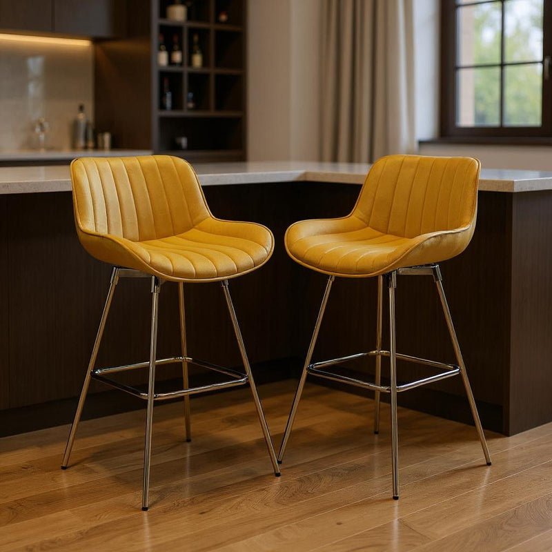 Velvet And Metal Swivel Low Back Bar Height Bar Chairs (Set of 2) - Yellow And Gold