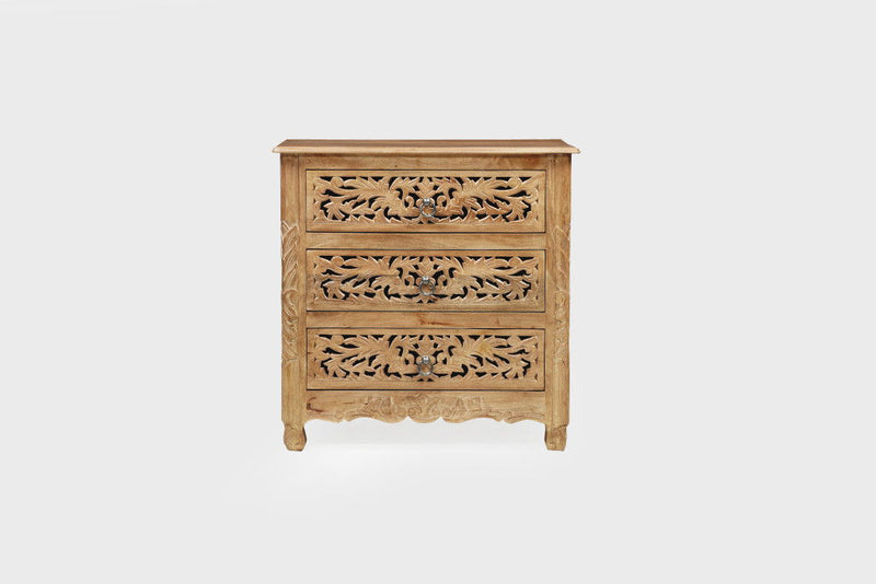 Solid Wood Square Distressed Carved Floral Three Drawer Nightstand - Brown