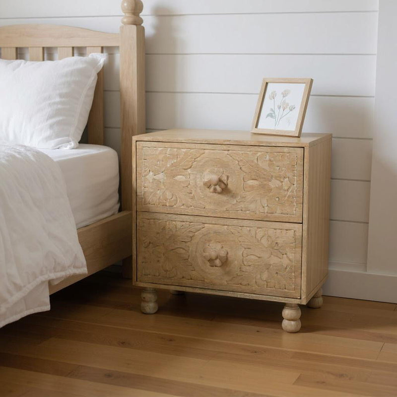 Solid Wood Distressed Carved Scrollwork Two Drawer Nightstand - Beige