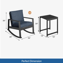 Load image into Gallery viewer, Outdoor Rocking Bistro Set Of 3, Oversized Rocking Chairs With Cushions And Side Table - Black / Blue
