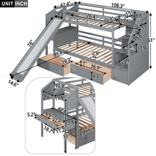 Load image into Gallery viewer, Twin over Twin Bunk Bed with Storage Staircase, Slide and Drawers, Desk with Drawers and Shelves, Gray
