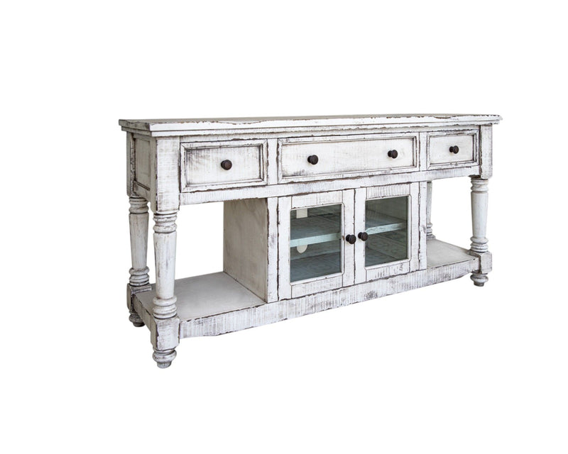 Solid Wood Open Shelving Distressed TV Stand - White