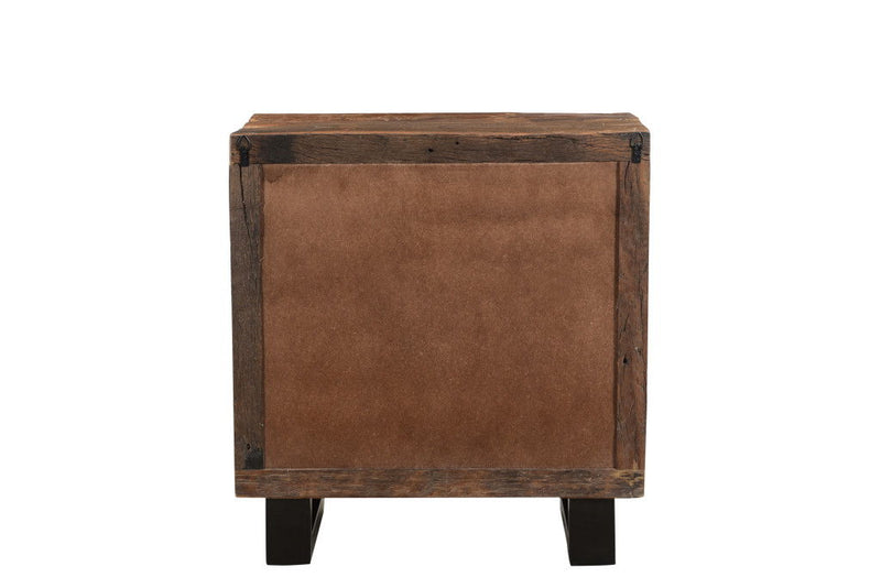 Three Drawer Wood And Metal Nightstand - Distressed Dark Brown