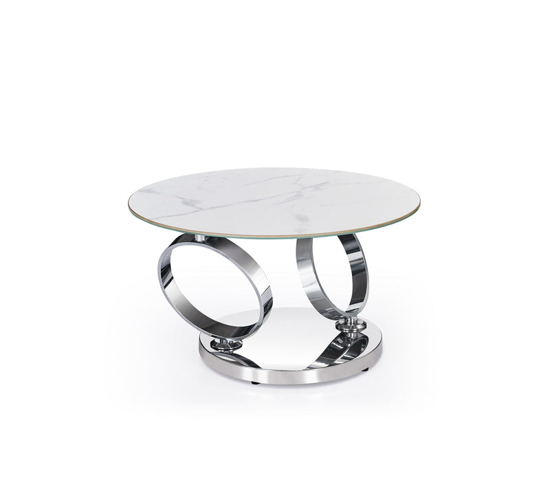 32" Ceramic Tile And Metal Round Abstract Coffee Table - White And Silver