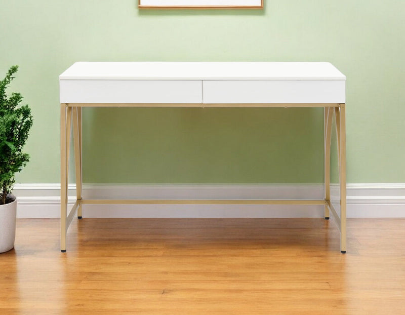 50" Writing Desk With Two Drawers - White And Gold