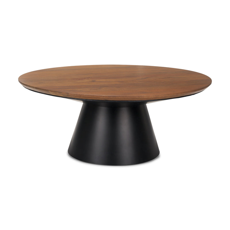 40" Solid Wood And Iron Round Pedestal Coffee Table - Black And Natural