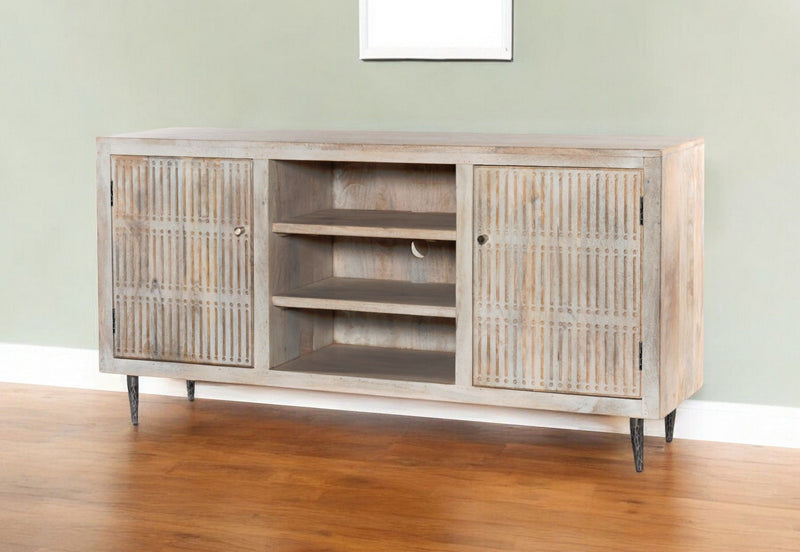 60" Carved Geometric Distressed Solid Wood Enclosed And Open Storage TV Stand - Ivory
