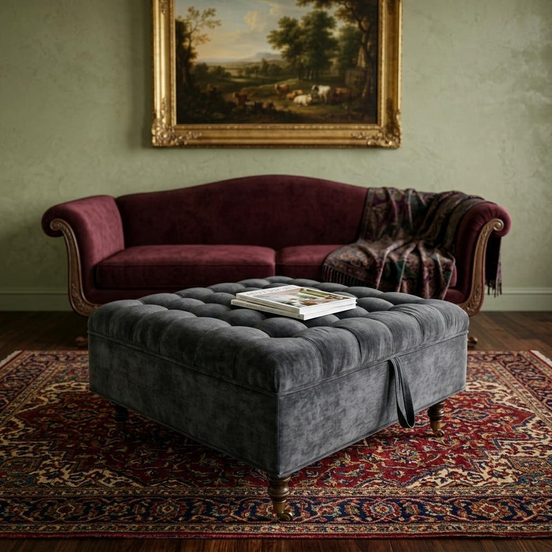 Rolling Chenille Tufted Ottoman With Storage - Dark Gray And Black