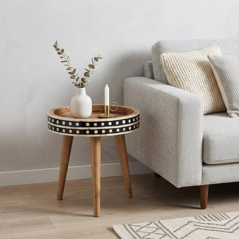 Black And White Solid Wood And Bone Inlay Round End Table - Brown