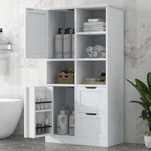 Load image into Gallery viewer, Freestanding Bathroom Storage Cabinet With Doors And Drawers, Adjustable Shelf, Open Shelves - White
