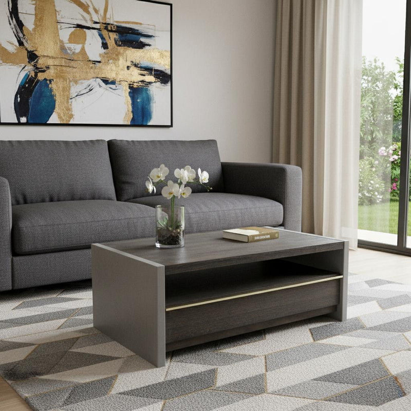 Rectangular Coffee Table With Drawer And Shelf - Dark Gray Walnut And Concrete
