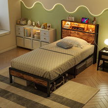 Load image into Gallery viewer, Modern Twin Size Metal Platform Bed Frame With Storage Headboard And Charging Station - Brown
