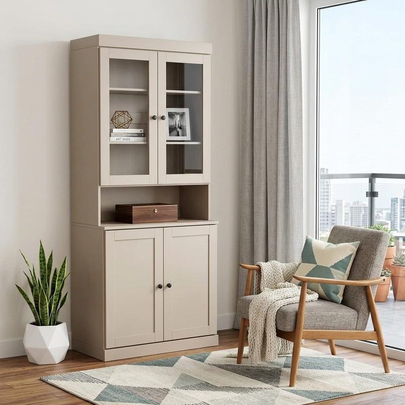Solid Wood Adjustable Six Tier Library Bookcase With Four Doors (751526) - Beige