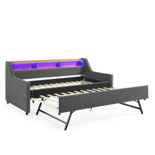 Load image into Gallery viewer, Upholstered Sofa Bed With LED Lights, Storage Headboard, Foldable Trundle &amp; Wireless Charging
