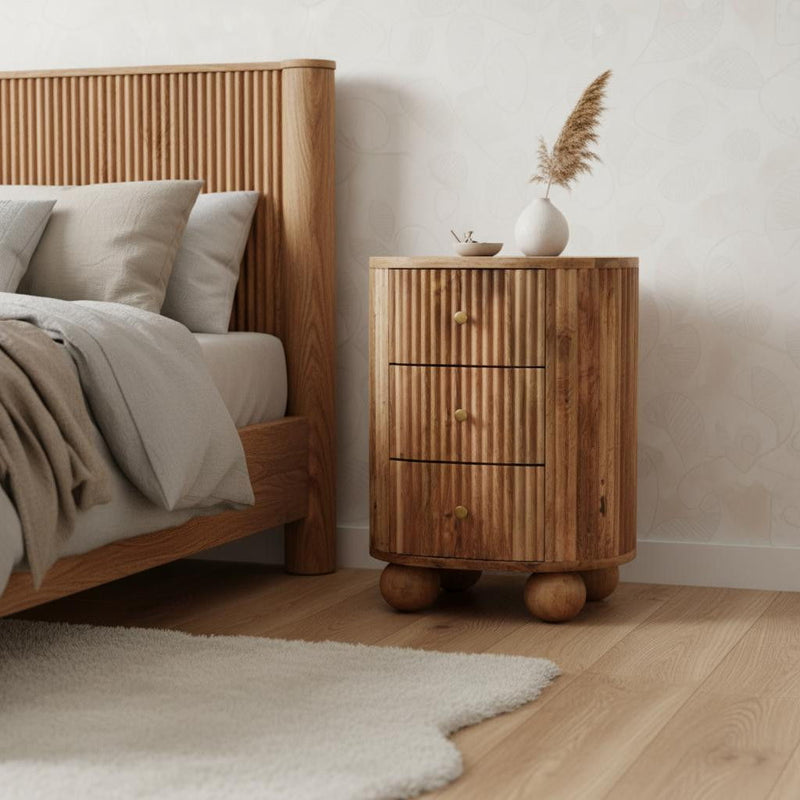 Solid Wood Round Ribbed Texture Three Drawer Nightstand - Oak