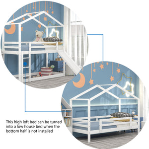 Twin Over Twin Bunk Bed with Roof, Slide and Ladder, White