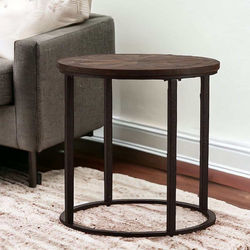 Solid Wood Iron Round End Table - Natural