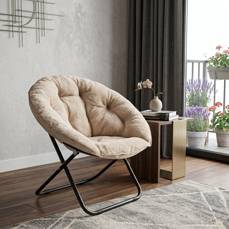 Tufted Faux Fur Folding Lounge Chair - Champagne / Black