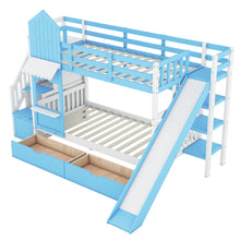 Load image into Gallery viewer, Twin-Over-Twin Castle Style Bunk Bed with 2 Drawers 3 Shelves and Slide - Blue
