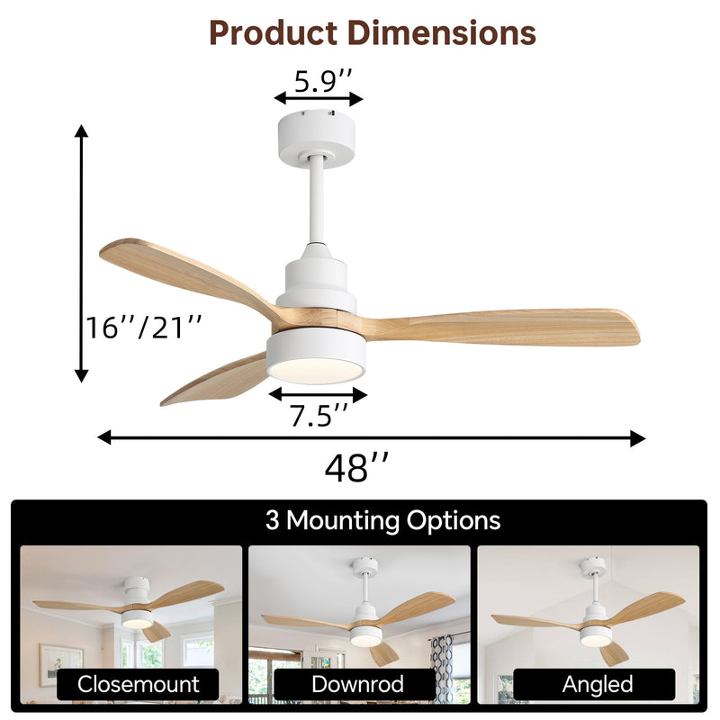 48" Ceiling Fan With Light And App Control, Quiet DC Motor, 6 Speed Fan, Dual Mounting - White