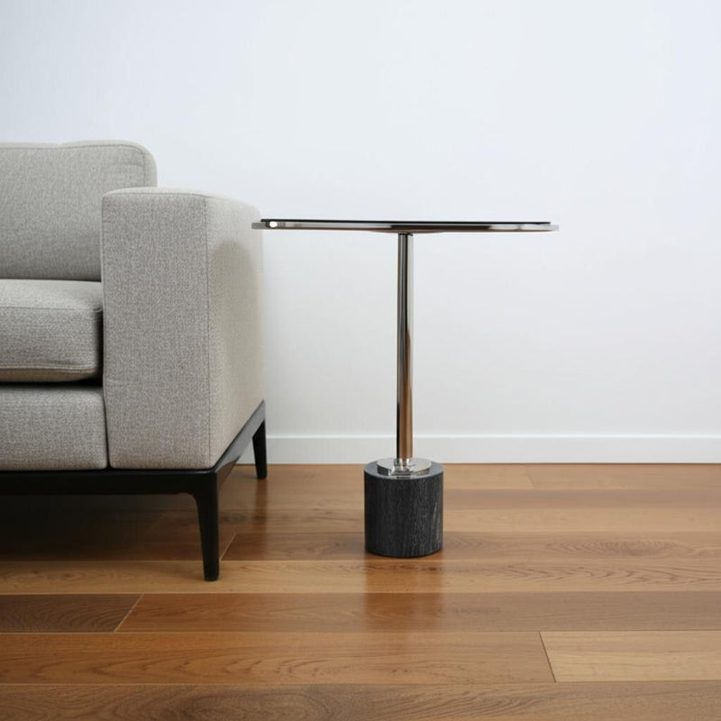 22" Smoky Aluminum Glass And Marble Pedestal End Table - Black And Silver