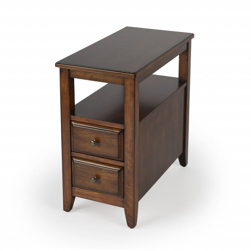 Distressed End Table With Two Drawers And Shelf - Brown