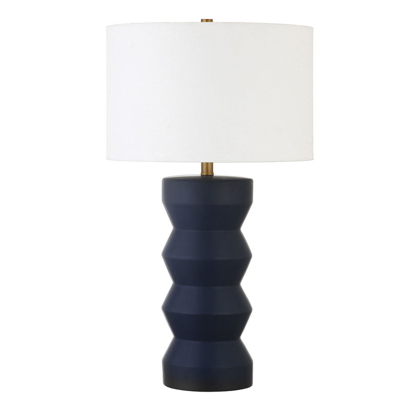 Ceramic Table Lamp With White Drum Shade - Navy Blue