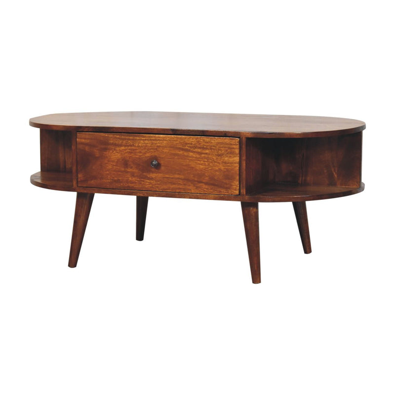 Solid Wood Oval Coffee Table With Two Drawers Two Shelves - Chestnut