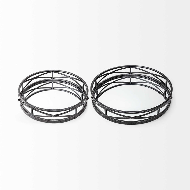 Round Metal And Mirrored Glass Vanity Trays (Set of 2) - Black