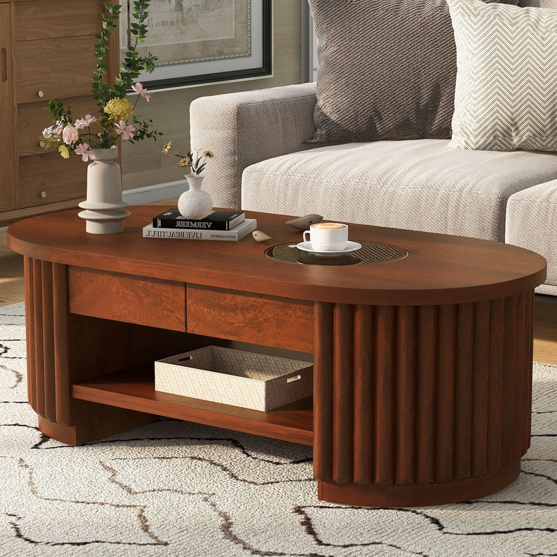 Fluted Oval Coffee Table With Drawers, 2 Tier Cocktail Table