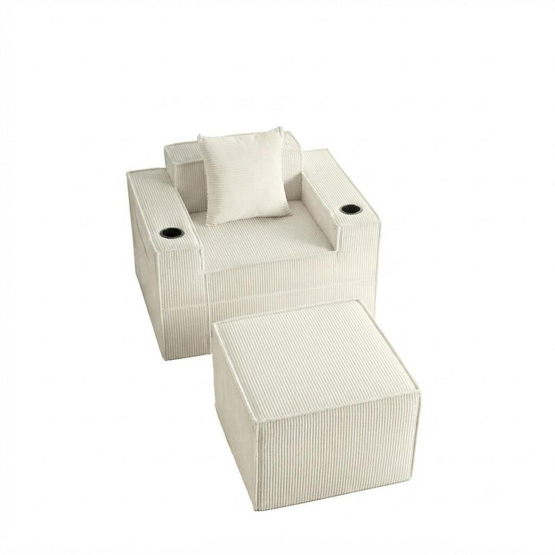 Corduroy Lounge Chair With Ottoman And Toss Pillow - White