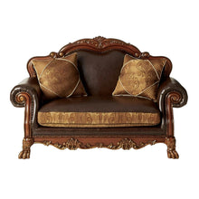 Load image into Gallery viewer, Chenille Faux Leather And Cherry Oak Love Seat - Brown
