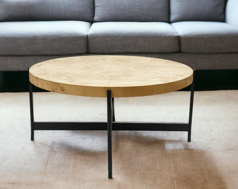 36" Wood And Iron Round Coffee Table - Natural And Black