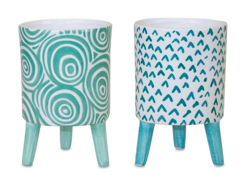 Chevron Round Pot Planters (Set of 2) - Aqua / Teal / White