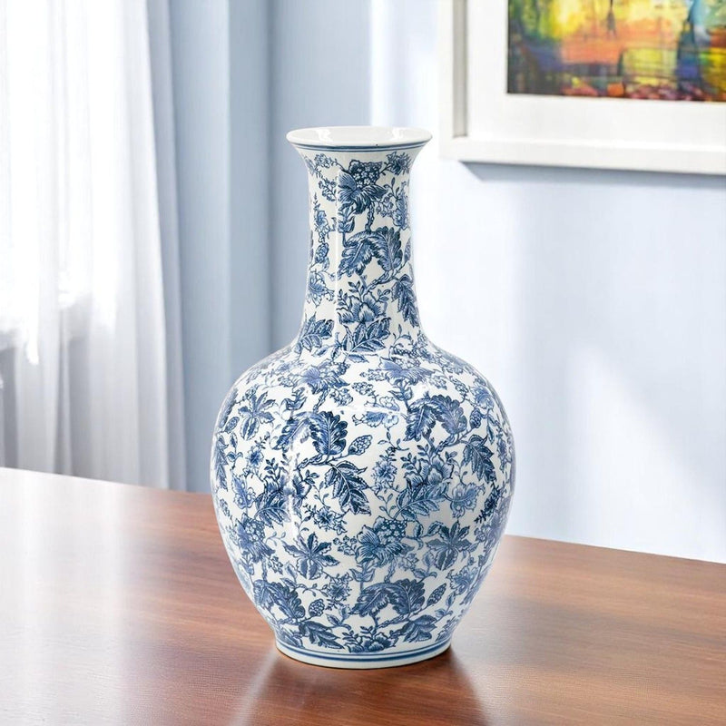 Floral Curved Porcelain Table Vase - Blue / White