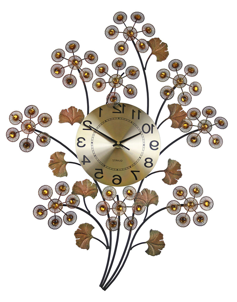 Silent Analog Gingko Floral Wall Clock - Copper / Black