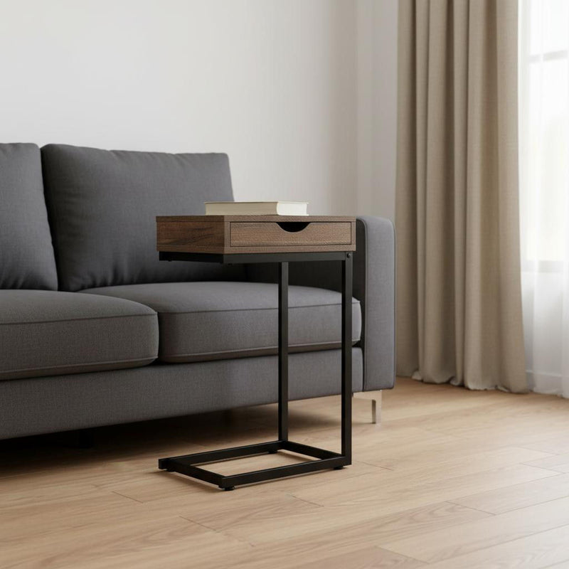 Faux Wood And Iron End Table With Drawer - Brown And Black