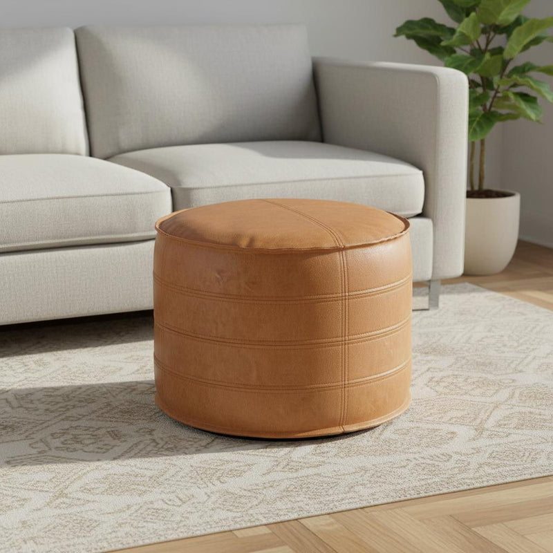 Round Faux Leather Pouf Ottoman - Brown